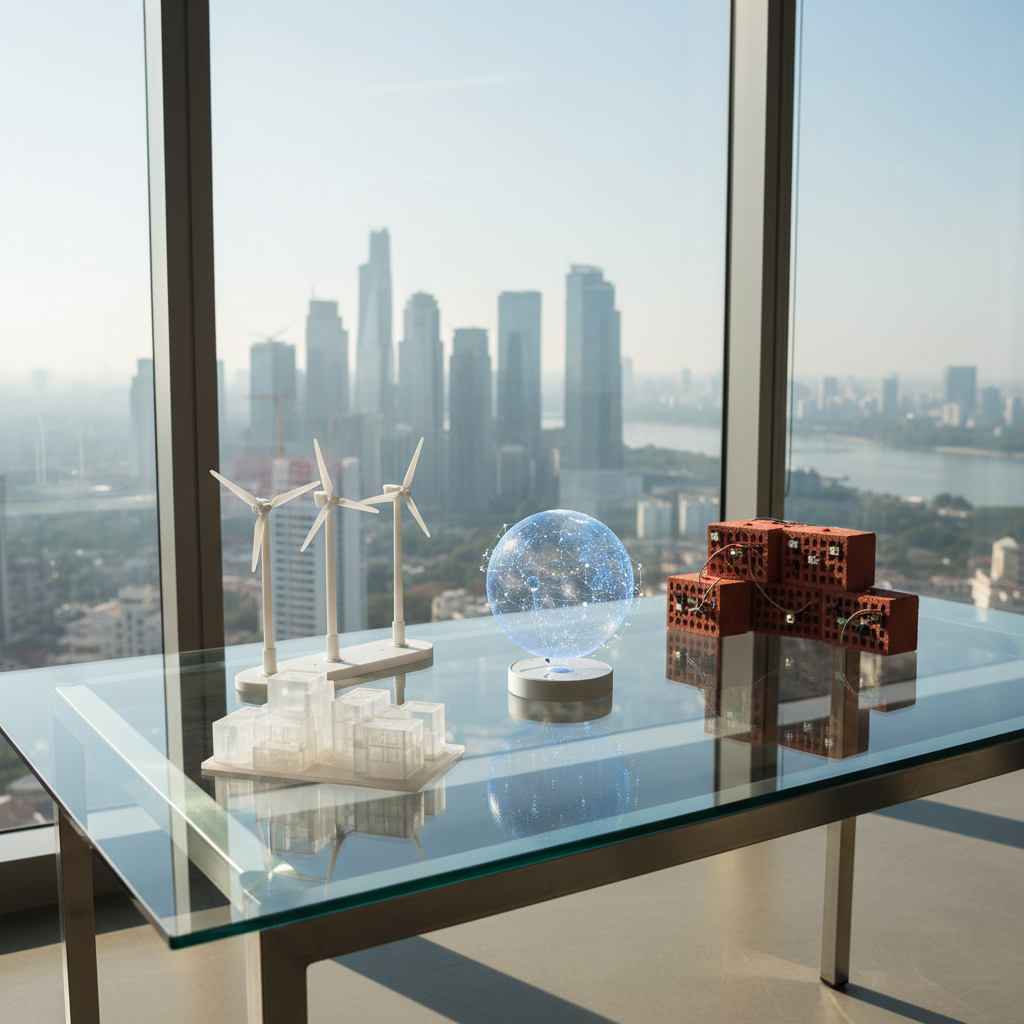 A sleek, glass-topped innovation workspace table covered with meticulously arranged physical prototypes: a translucent 3D-printed city block, mini wind turbines, sensor-embedded bricks, and a small holographic globe projecting data points. The table stands in a bright, high-floor studio with floor-to-ceiling windows overlooking a modern urban skyline. Soft morning daylight diffuses through slightly hazy glass, creating gentle reflections on the polished surface and subtle shadows beneath each object. Photographic realism with a clean, modern aesthetic, captured from a slightly elevated angle using the rule of thirds. The mood is optimistic and forward-looking, emphasizing tangible impact innovation in a professional, documentary style.